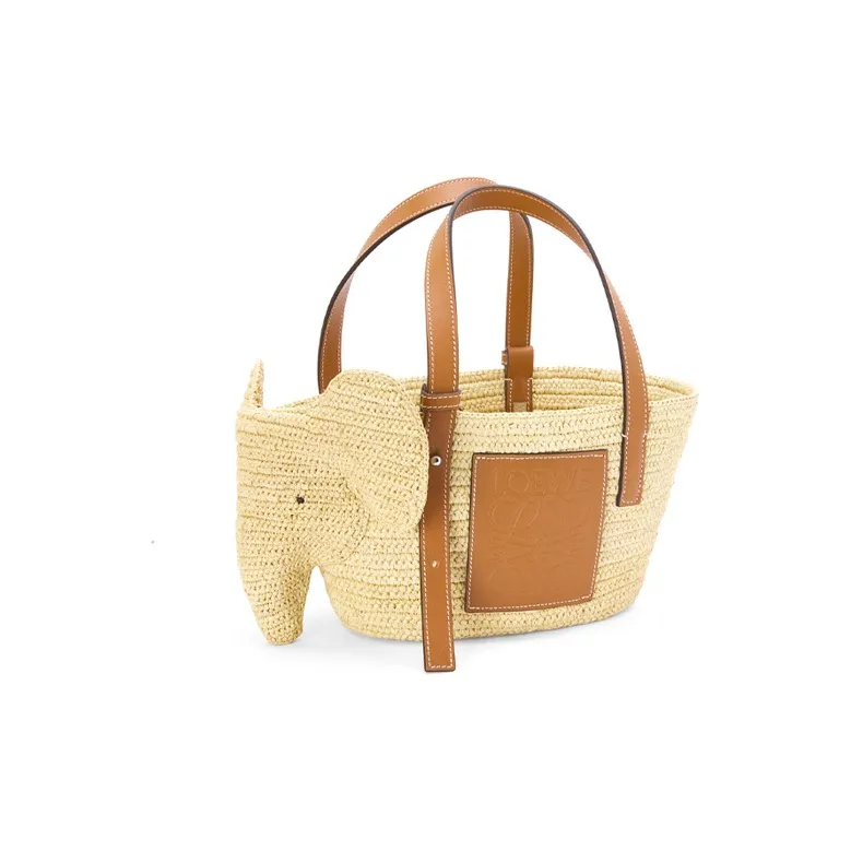 LOEWE Elephant Basket Bag In Raffia And Calfskin Natural/Tan-1