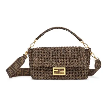 FENDI Baguette Jacquard Canvas Crossbody Handbag Shoulder Bag Medium Size Women's Brown