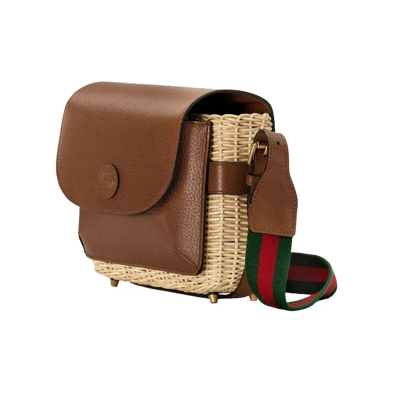 GUCCI Wicker Patchwork Leather Messenger Bag Shoulder Bag Crossbody Bag Small Size Unisex Brown & Beige-2