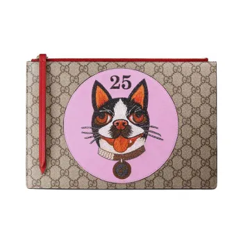 GUCCI Canvas With Leather Clutch Women's Beige & Ebony