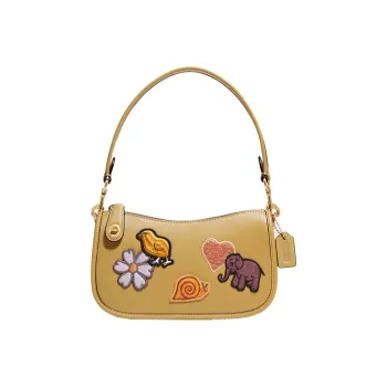 COACH Swinger Leather Portable Crossbody Bag, Shoulder Bag Small Size Women's Brown Yellow