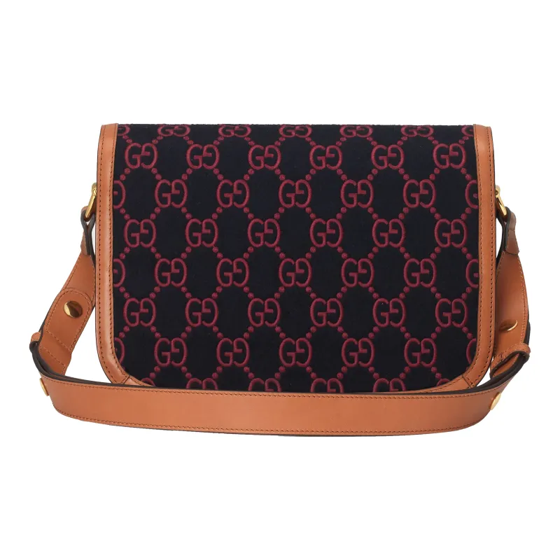 GUCCI Horsebit 1955 Wool Suede One Shoulder Handbag Crossbody Bag Women's Dark Blue/Fuchsia/Brown-3