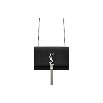 SAINT LAURENT KATE Shiny Leather Fringe Bag, Crossbody Bag, Shoulder Bag Small Size Women's Black