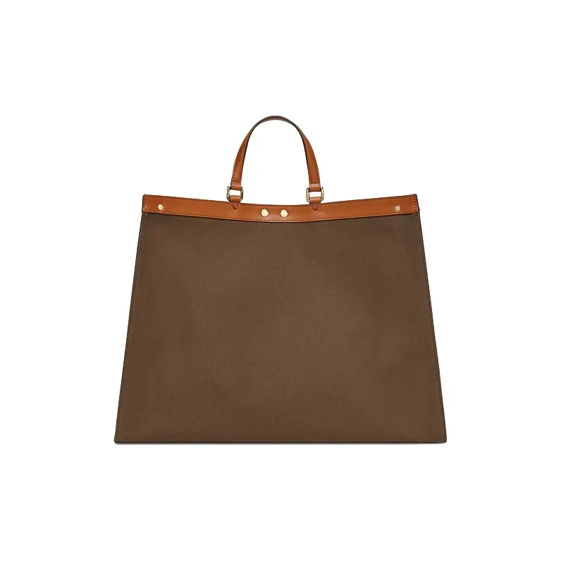 FENDI Peekaboo Leather Trim Canvas Tote Bag Shopping Bag Handbag Large Size Unisex Army Green-2
