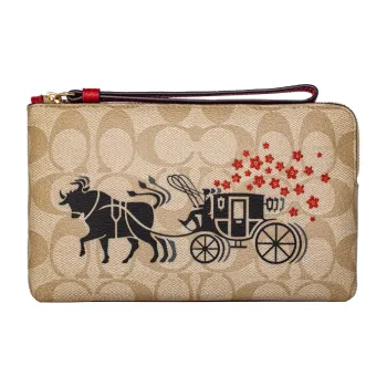 COACH Corner Zip Canvas Coin Purse Pochette Wrist Bag Clutch Women's Beige/Brown