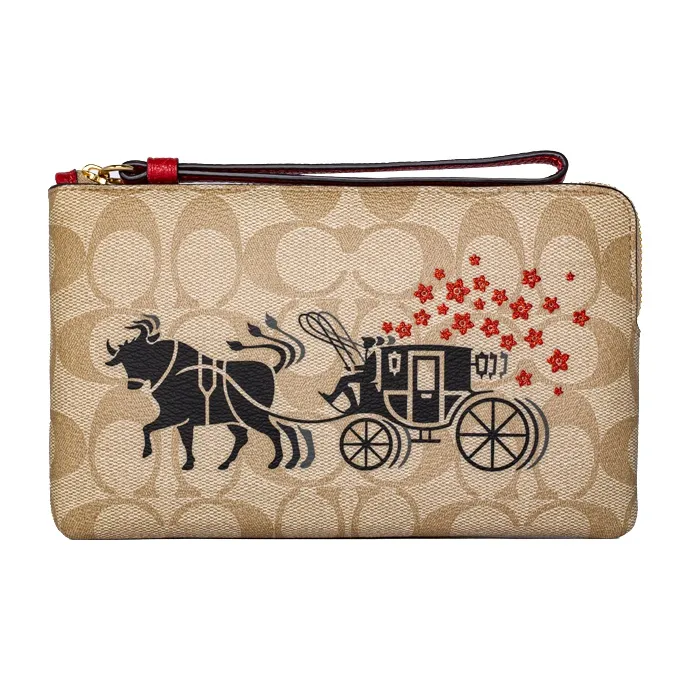 COACH Corner Zip Canvas Coin Purse Pochette Wrist Bag Clutch Women's Beige/Brown-0