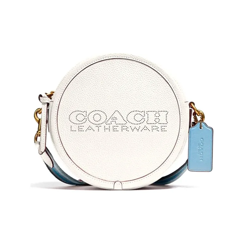 COACH Kia Pebbled Leather Cylinder Bag Handbag Shoulder Bag Crossbody Bag Women's White With Blue Shoulder Straps-0