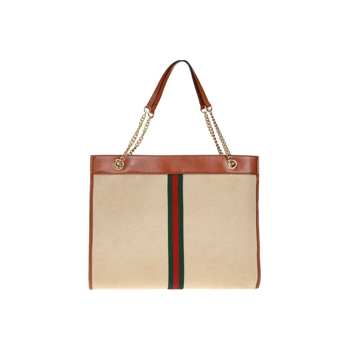 GUCCI Canvas With Leather Canvas Bag Tote, Chain One Shoulder Handbag Large Size Unisex Beige/Brown-2