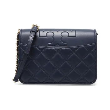 TORY BURCH Fleming Leather Plaid Quilting Small Square Bag Shoulder Bag, Crossbody Bag Medium Size Women's Dark Blue