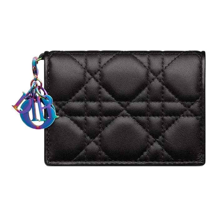 DIOR Lady Dior Sheepskin Card Clip Money Clip Card Holder Women's Black-0