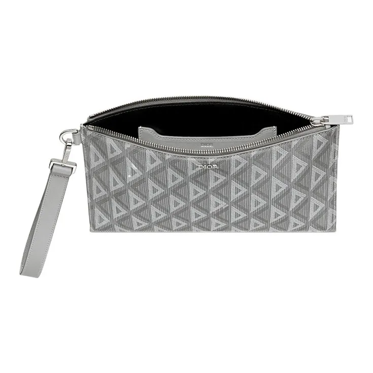 DIOR Smooth Cow Leather With Cotton Grey Canvas Card Holders File Pouches Clutches Men's Gray-2