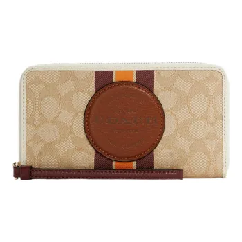 COACH Dempsey Jacquard Fabric With Pebbled Leather Handheld Wallet Small Size Women's Khaki Brown & Brown