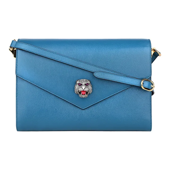 GUCCI Leather Envelope Bag, Shoulder Bag Women's Sapphire Blue-0
