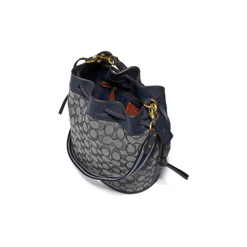 COACH Field Monogram Canvas With Leather Portable One Shoulder Drawstring Bucket Bag Canvas Crossbody Bag Women's Blue-3