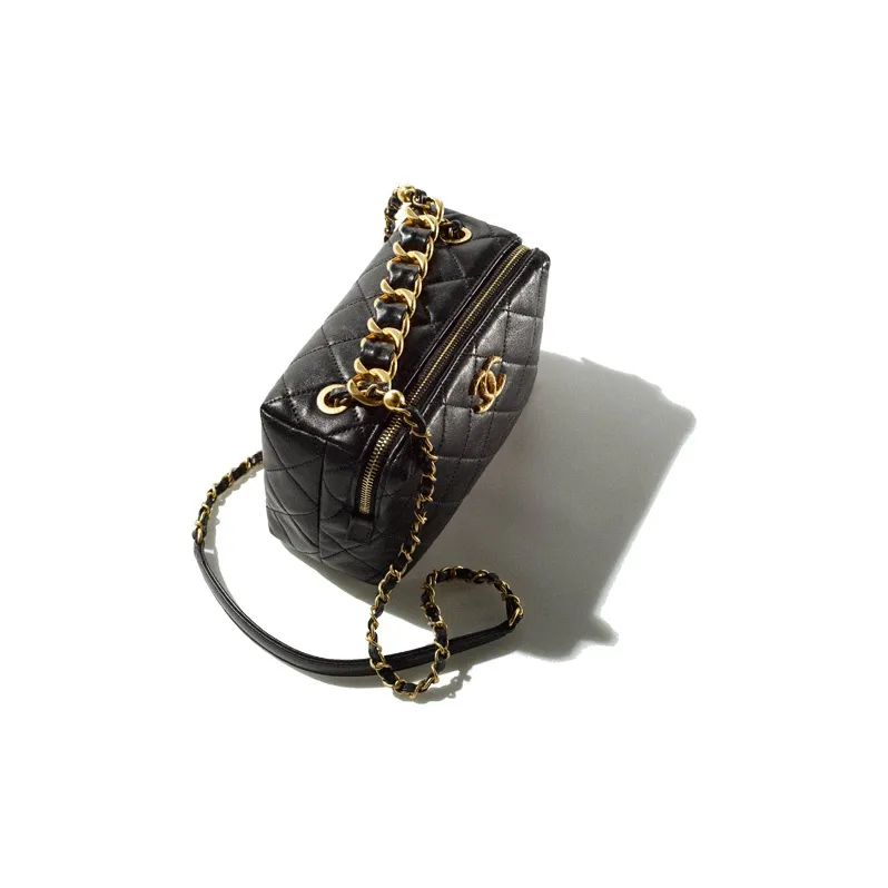 CHANEL 22SS Metal Texture Sheepskin Bowling Bag, Shoulder Bag, Crossbody Bag Mini Women's Black-3