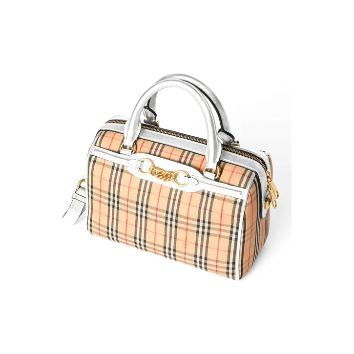 Burberry Leather Bowling Bag Handbag Shoulder Bag Crossbody Bag Small Size Women's Silver-3