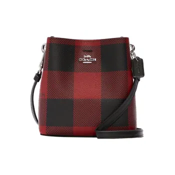 COACH Town Canvas With Leather Bucket Bags Shoulder Bag Crossbody Bag Small Size Women's Black Red