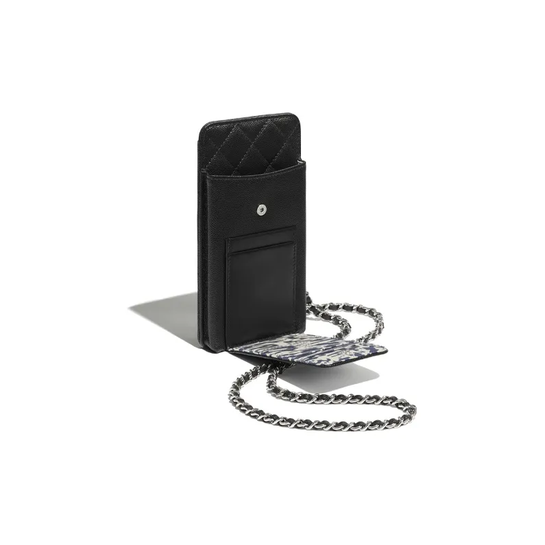 CHANEL Grain Calfskin Fabric And Silver Metal Chain Bag, Shoulder Bag Women's Black-2