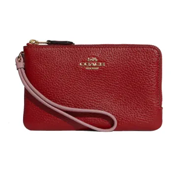 COACH Wristlet Leather Wallet Handheld Wrist Bag Small Size Women's Red & White