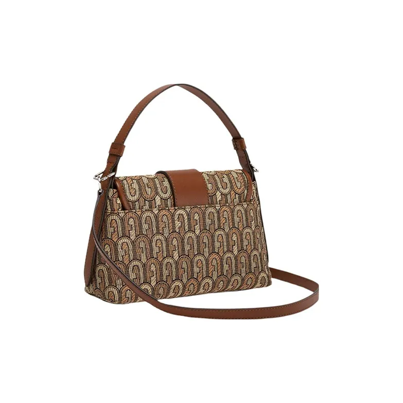 Furla Jacquard Fabric Patchwork Soft Calfskin Shoulder Bag, Crossbody Bag, Handbag Trumpets Women's Print & Brown-2