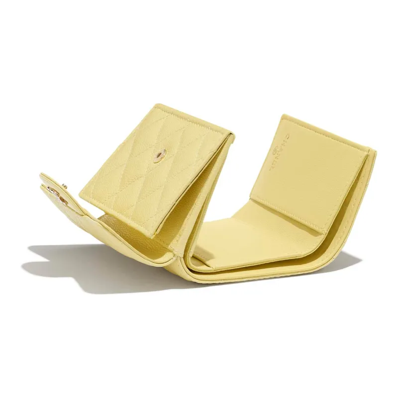 CHANEL Classic Flap CF Litchi Grain Cow Leather Card Holder, Wallet Trumpets Women's Yellow-3