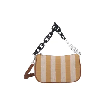 Furla Cotton Linen With Leather Handbag Shoulder Bag Women's Brown & Gray