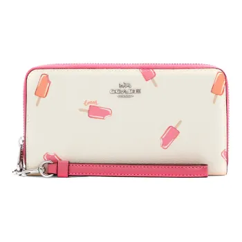 COACH Zip Around Coated Canvas And Smooth Leather Clutches Wallets Women's White/Pink