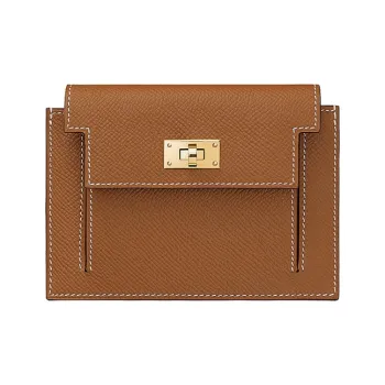 HERMES Kelly Pocket Cow Leather Coin Purse Unisex 37 Gold Brown