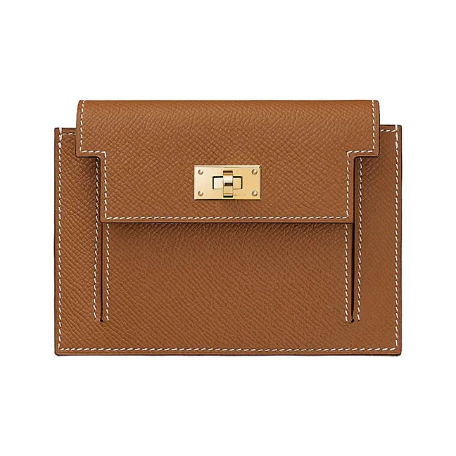 HERMES Kelly Pocket Cow Leather Coin Purse Unisex 37 Gold Brown-1