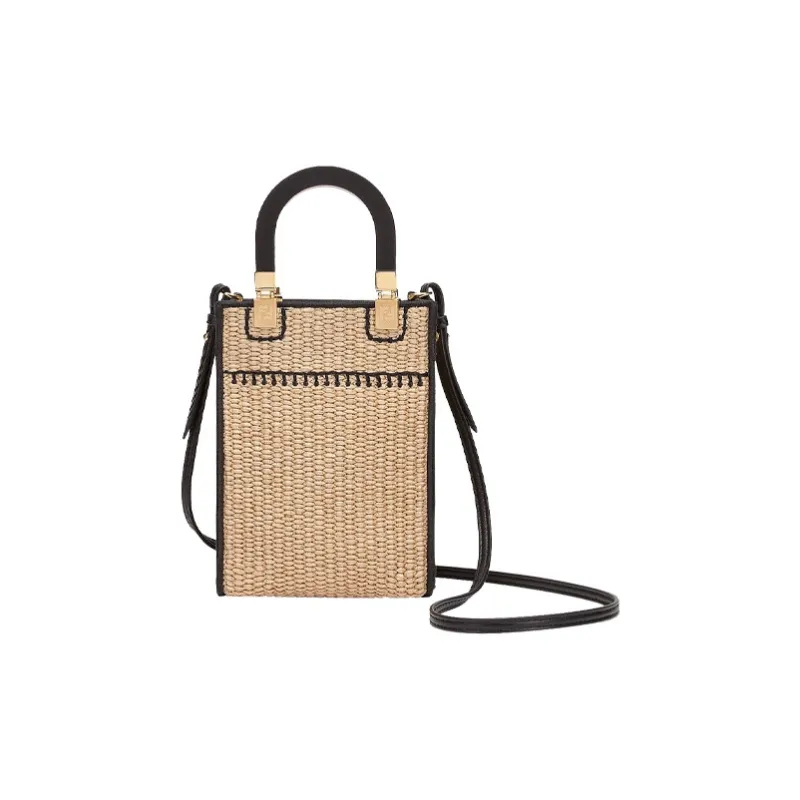 FENDI Sunshine Straw Cow Leather Tote Bag Shoulder Bag Crossbody Bag Handbag Mini Women's Khaki-2