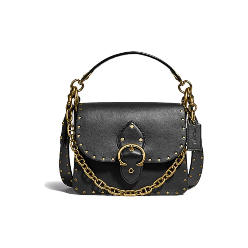 COACH Beat Leather Small Square Bag, Portable Crossbody Bag, Shoulder Bag Trumpets Women's Black-1