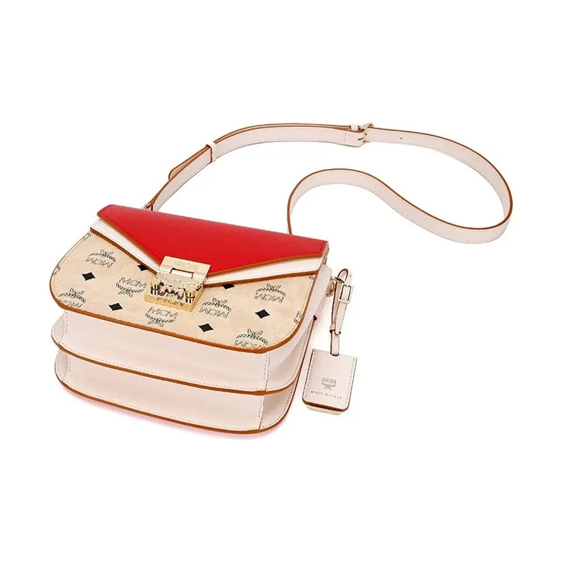 MCM Artificial Leather Portable Crossbody Bag, Shoulder Bag Women's Red & Beige-3