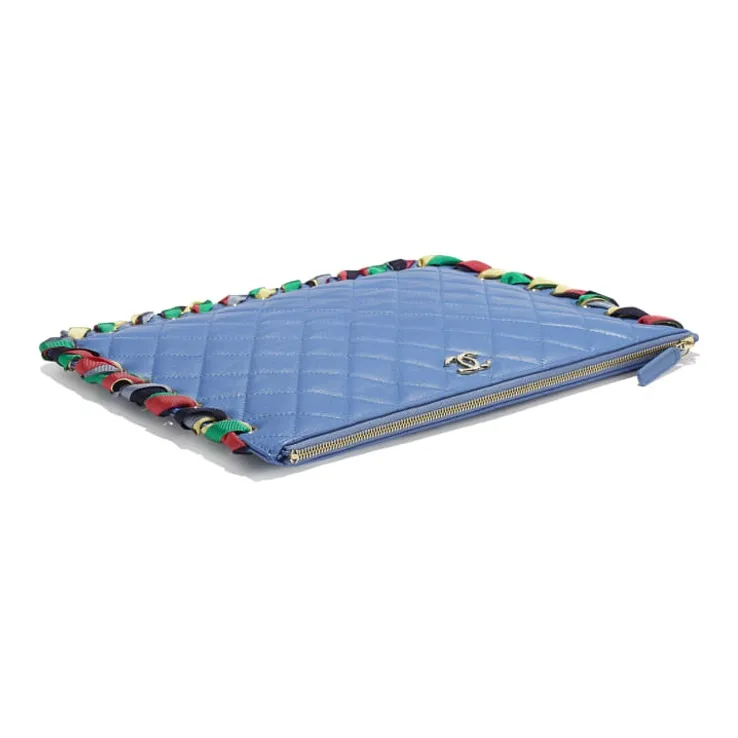 CHANEL Shiny Lambskin Clutch Women's Blue-3