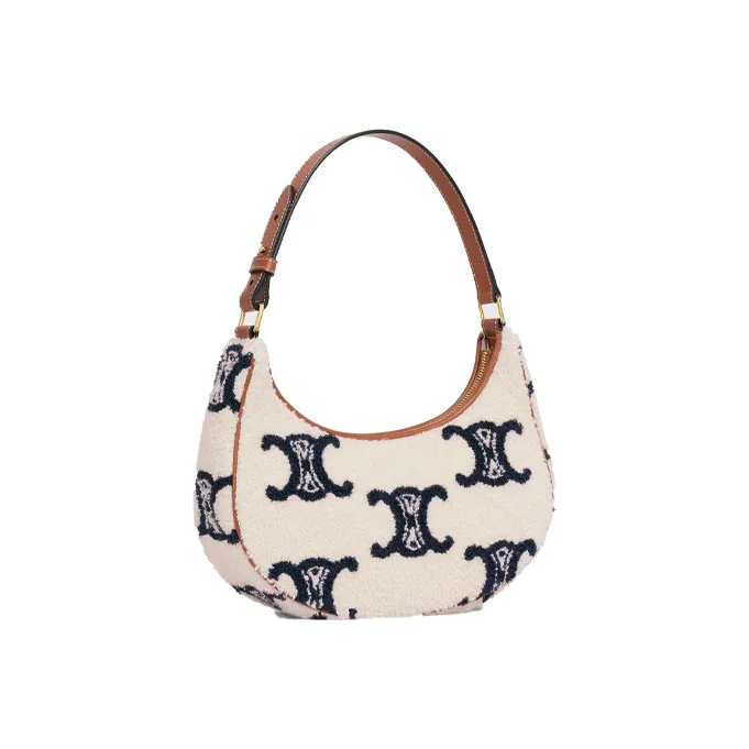 CELINE TriompheAVA Plush Fabric Shoulder Bag Handbags Women's Navy/Tan-1