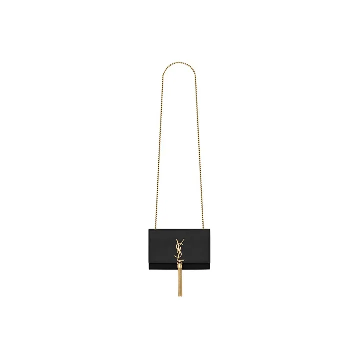 SAINT LAURENT KATE Grained Embossed Leather Tassel Bag Chain Shoulder Bag Crossbody Bag Small Size Women's Black-1