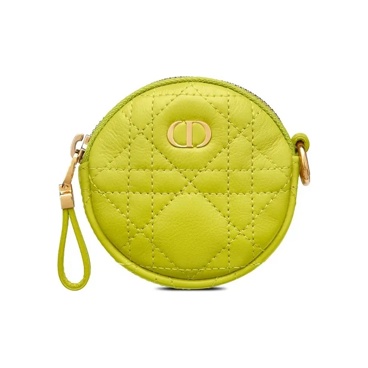 DIOR Cow Leather Wicker Pattern Coin Purse, Clutch Women's Green Yellow-0