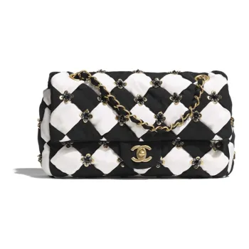 CHANEL Silk Sequins Glazed Pearls One Shoulder Crossbody Flap Bag Women's Black White