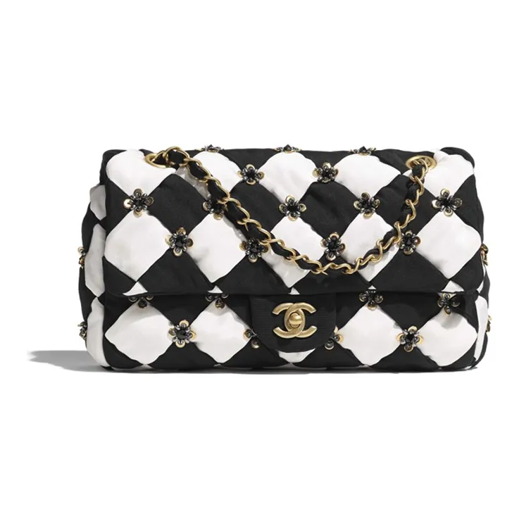 CHANEL Silk Sequins Glazed Pearls One Shoulder Crossbody Flap Bag Women's Black White-0