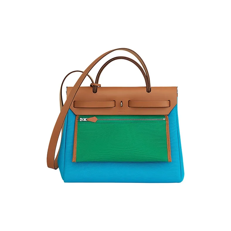 HERMES Herbag Canvas With Hunter Cow Leather Handbag Shoulder Bag Crossbody Bag Women's Aztec Blue/Mint Green/Natural-2