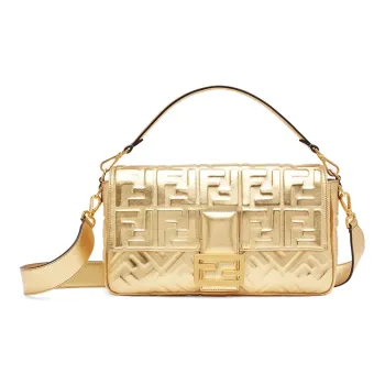 FENDI Baguette Leather Shoulder Bag Crossbody Bag Handbag Large Size Women's Gold