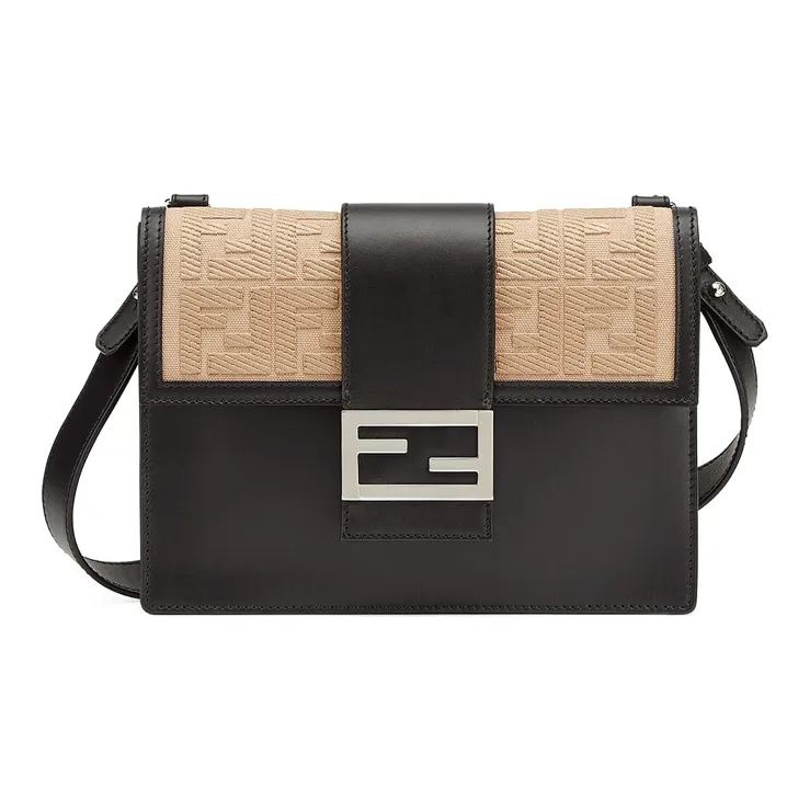 FENDI Baguette Canvas With Leather Baguette Bag, Shoulder Bag, Crossbody Bag Medium Size Men's Black/Beige-0