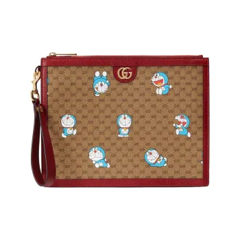 GUCCI Doraemon Doraemon Collaboration Canvas With Leather Clutch Regular Unisex Ebony/Red