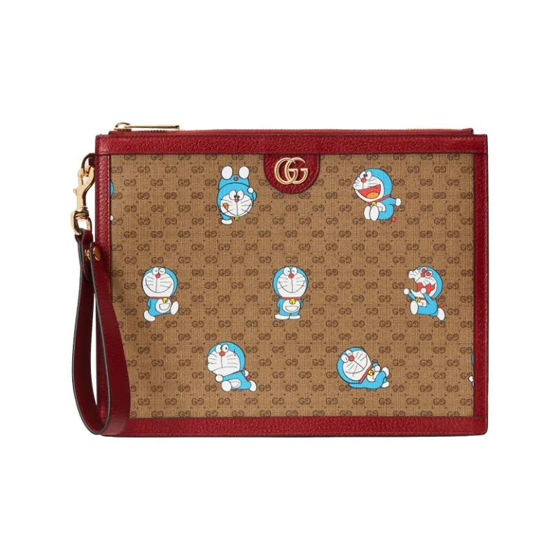 GUCCI Doraemon Doraemon Collaboration Canvas With Leather Clutch Regular Unisex Ebony/Red-0