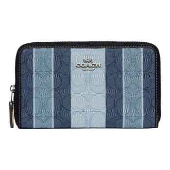 COACH Zip Around Classic Jacquard Fabric With Leather Coin Purse Clutch Wallet Small Size Women's Blue