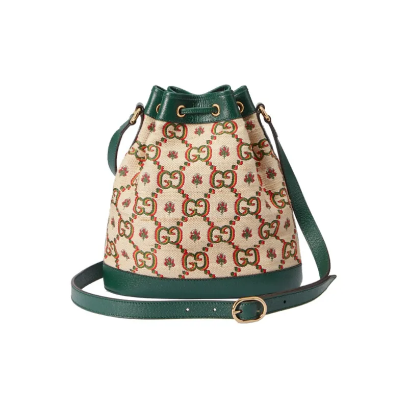GUCCI Ophidia Jacquard Fabric Leather Binding Bucket Bags Shoulder Bag Crossbody Bag Mini Unisex Beige/Green-2