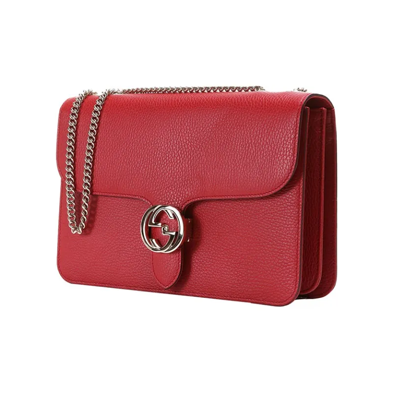 GUCCI Litchi Grain Leather Messenger Bag Wind Chime Bag Crossbody Bag Shoulder Bag Women's Red-1