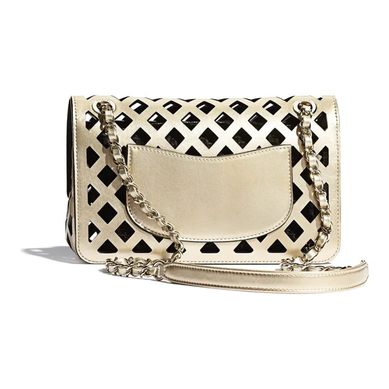 CHANEL Classic Flap CF Calfskin & Print Fabric & Metal Crossbody Bag, Shoulder Bag Women's Gold-1