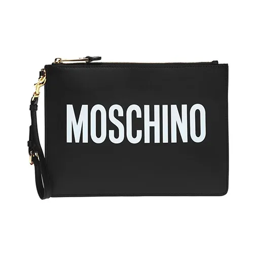 MOSCHINO Smooth Cow Leather Clutch Unisex Black-0