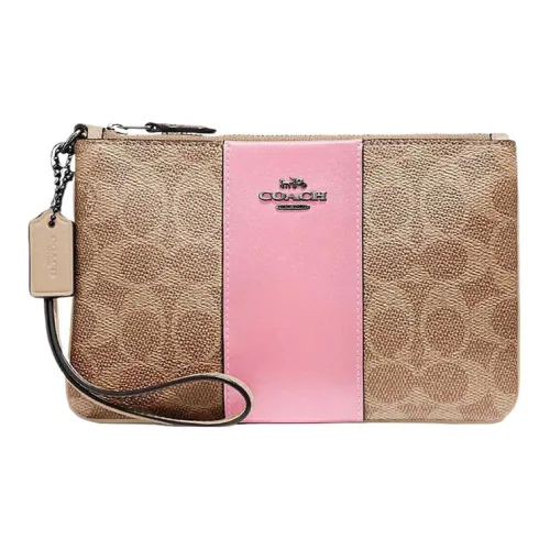 COACH Cow Leather Mahjong Box Clutch Wrist Bag Small Size Women's Khaki & Pink