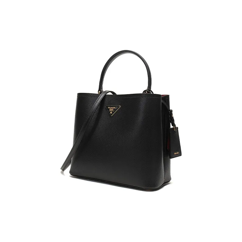 PRADA Double Cow Leather One Shoulder Handbag Women's Black-4